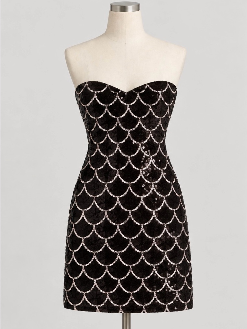 Black Strapless Sequin Scallop Mini Dress